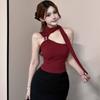 Women's Summer Knit Halter Top with Off-the-Shoulder Neckline Luxurious Figure-Hugging Sexy Cropped Top