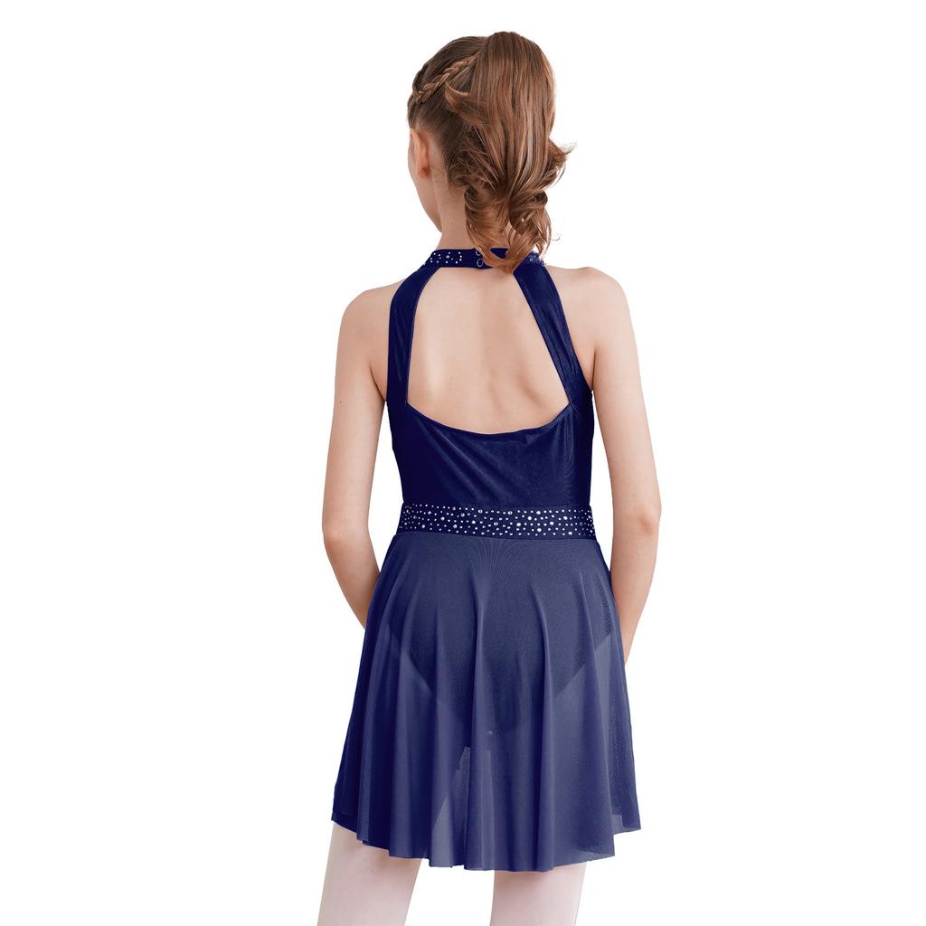 Girls Sleeveless Leotard Dress with Mock Neck Sparkle Rhinestones Dance Competition Wear