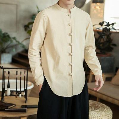 Camisas de linho de primavera masculinas estilo chinês manga comprida camisa retrô abotoada cor sólida gola alta solta plus size tops
