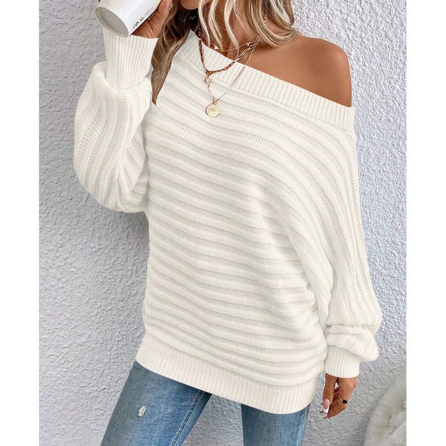 Autumn Winter New Solid Color 3D Ribbed Horizontal Stripe One-Shoulder Batwing Sleeve Pullover Knit Sweater for Women