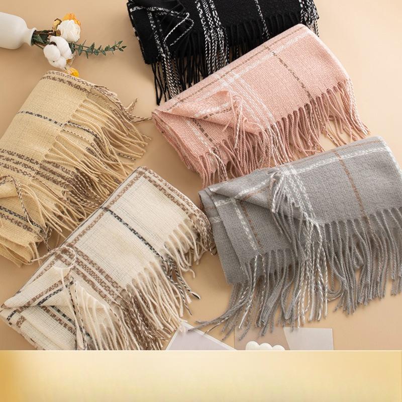 Korean Lady's Sweet Plaid Imitation Cashmere Tassel Scarf for Girls High End Winter Versatile Thickened Scarf