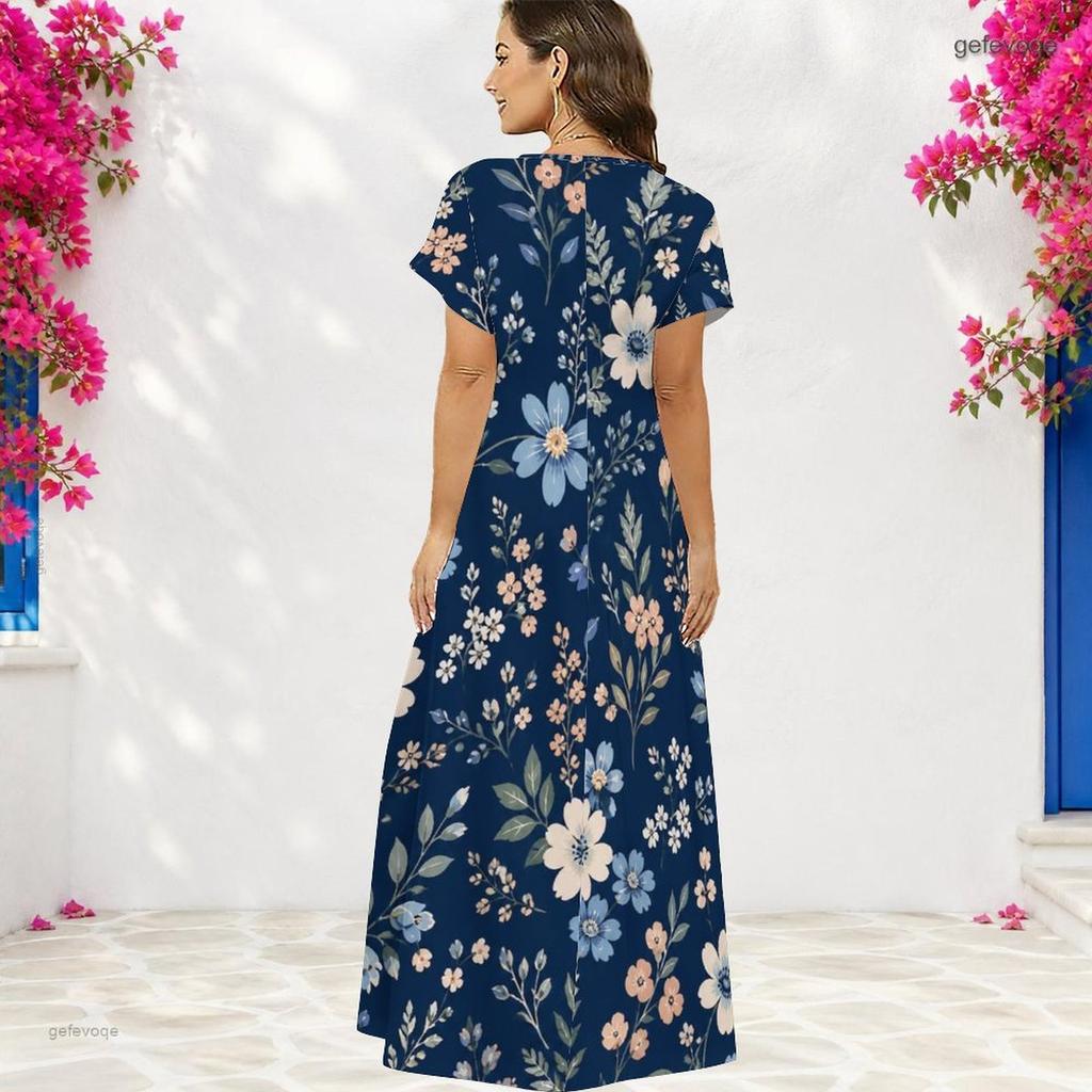 Women Plus Size V Neck Short Sleeve Floral Printed Navy Blue Straight Long Dress