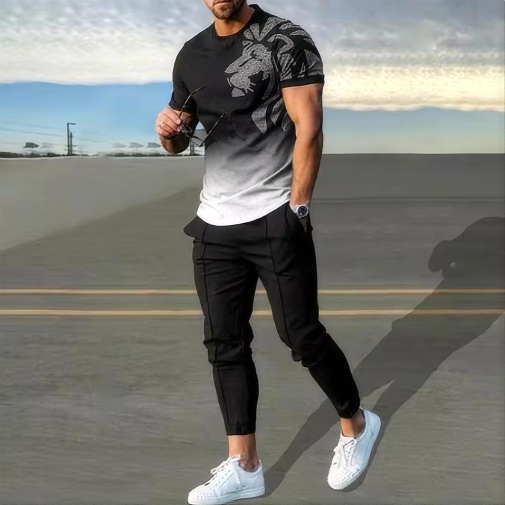Sommermode Neues Herren-Hosen-Sportset 3D-bedrucktes gestreiftes Kurzarm-T-Shirt+Hose 2-teiliges Set Herren-Sportset