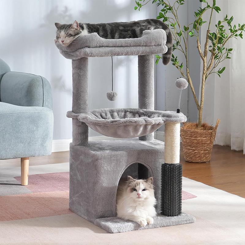

Wooden Cat Tree All-in-One Cat Condo & Climbing Frame for Large Cats Sisal Scratching Post with Jumping Platform M серый