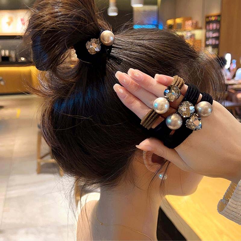 Elegante Haargummis mit künstlichen Perlen, Hochelastische, nahtlose schwarze Scrunchies mit Herz-Diamant, Damen, Mädchen, Pferdeschwanzhalter, Scrunchies
