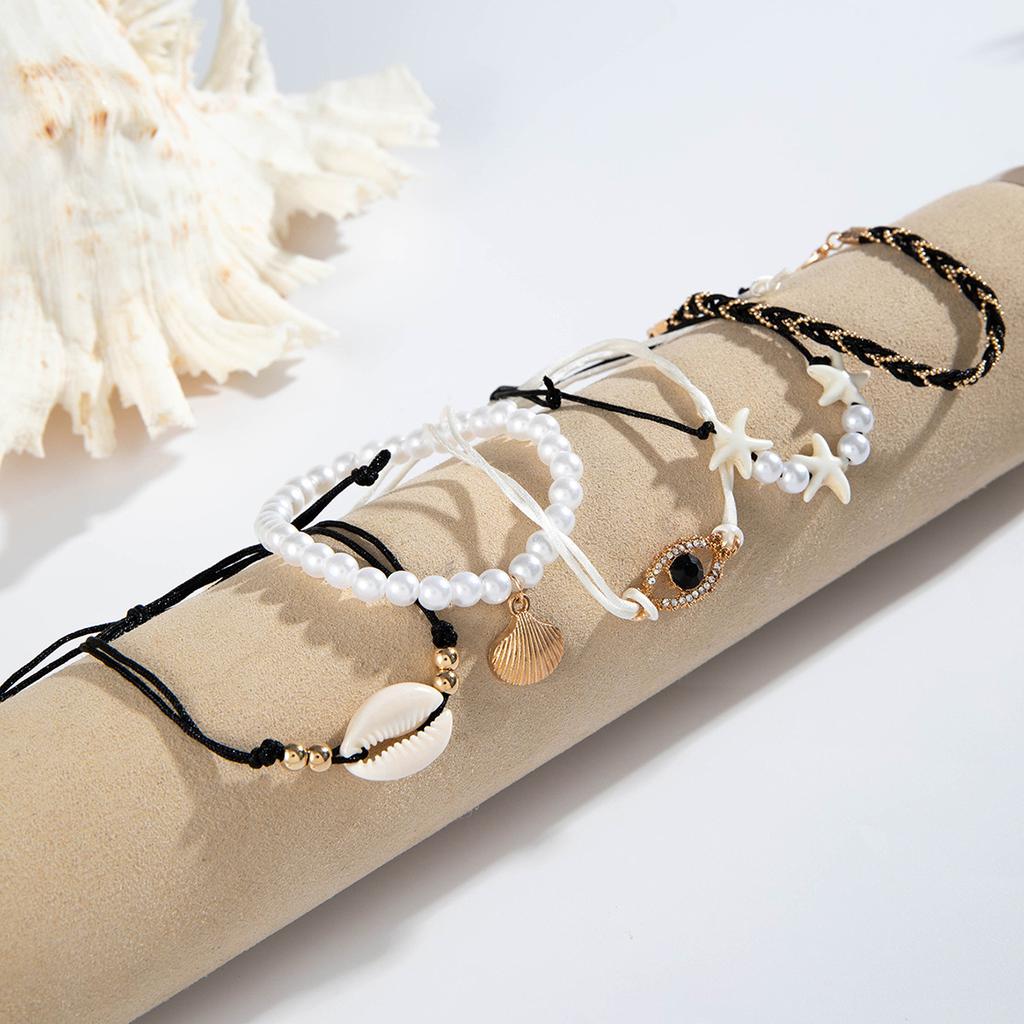 5Pcs Bohemian Shell Starfish Imitation Pearl Bracelet Set for Women Ethnic Style Multilayer Beaded Bangles Beach Party Jewelry