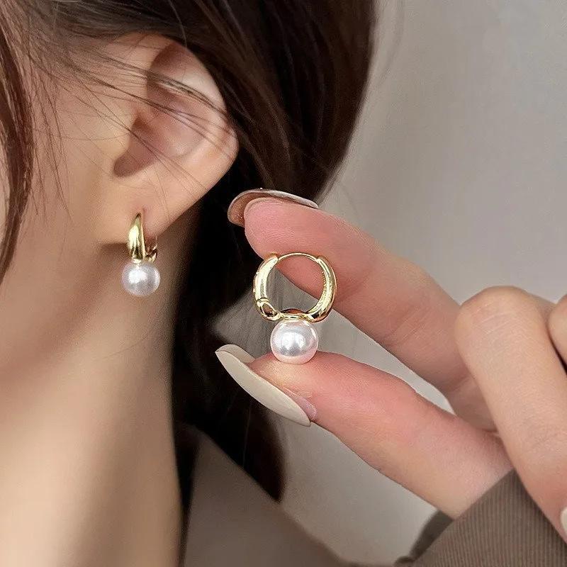 New Korea Trendy Charm Pearl Hoop Earring for Women Luxury Gold Dangle Earring Wedding Bride Accessories Jewelry Gift