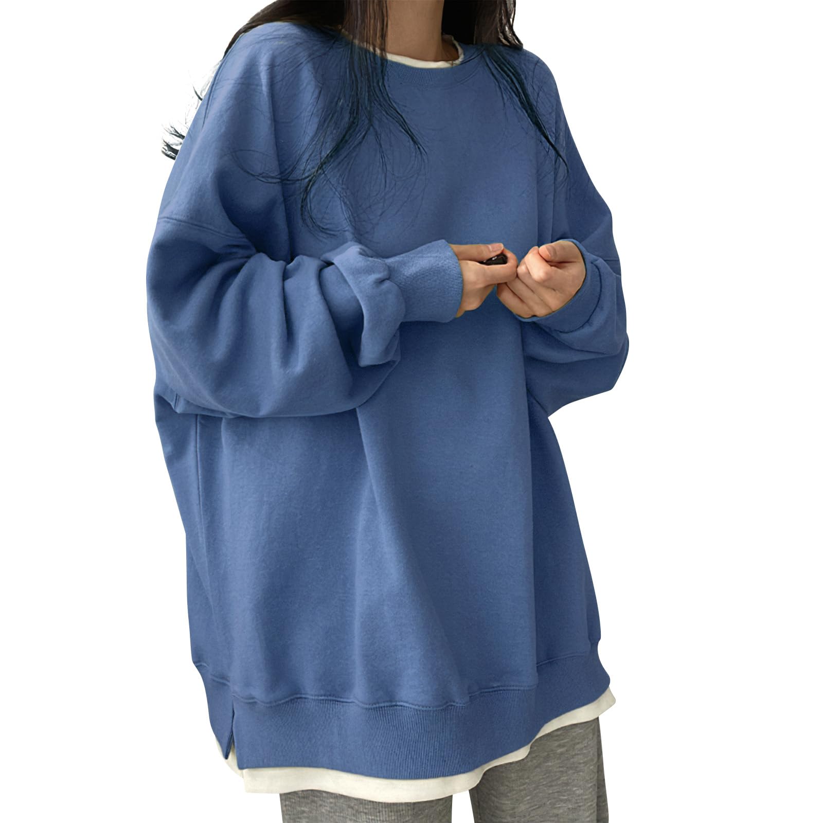

Long Sleeve Layered Plus Loose Big Solid Long Sleeve [AOY] Women s Sweatshirt, Oversized, Slimming, Look, Flattering, Size, Fit, Layered, Slit, синий