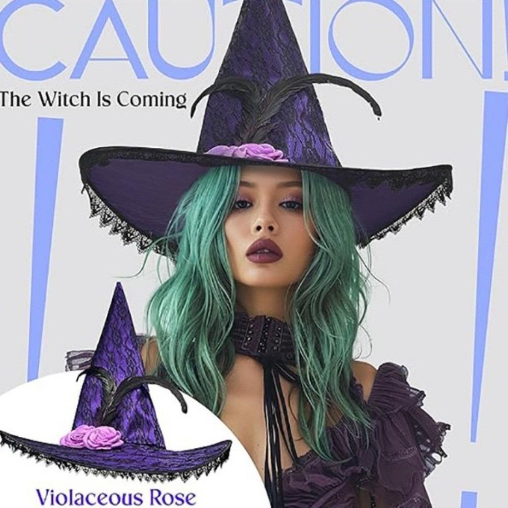 Lace Flower Wizard Cap Rose Feather Halloween Cap Creative Halloween Witch Hat  Masquerade