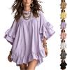 Women's Casual Dress with Round Neck, Double-Layer Ruffle Trim and Bell Sleeves for Everyday Wear