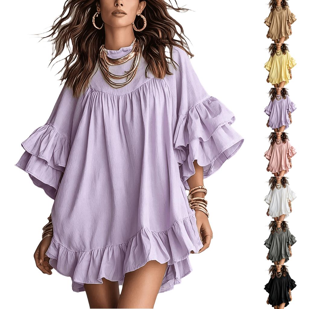 Women's Casual Dress with Round Neck, Double-Layer Ruffle Trim and Bell Sleeves for Everyday Wear