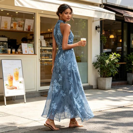 Yangyizhi Floral Chiffon Dress for Women, Halter Sleeveless Ruched Maxi Dress, Turtle Neck Wedding Guest Cocktail Evening
