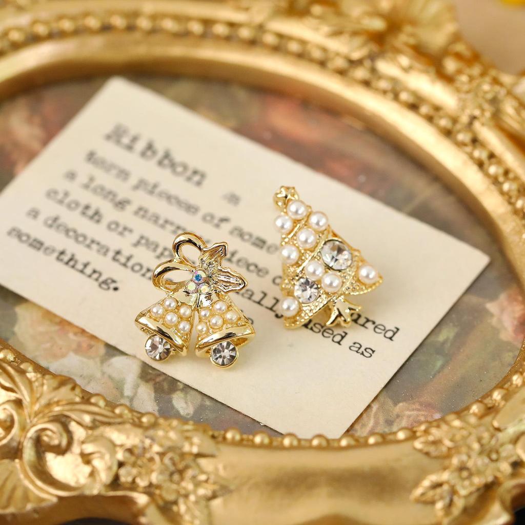Korean Design Pearl & Jingle Bell Gold-Plated Christmas Tree Stud Earrings