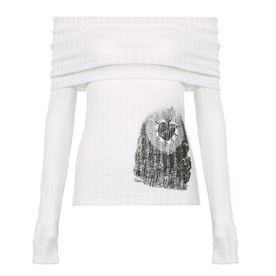 Printed Flip-on One-length Niche Short Top Hot Girl Sexy Off-shoulder Slim and Versatile Long Sleeves