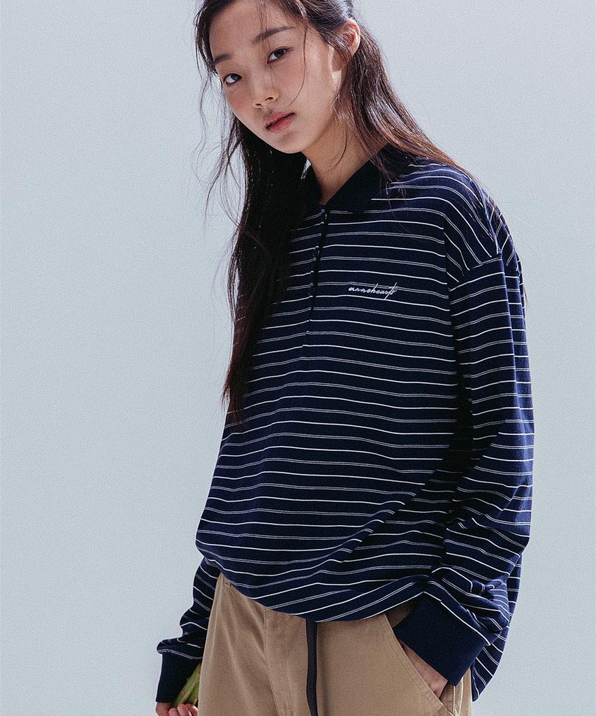 ANNEHEARTS Pin Stripe Collar Polo Tee_Navy