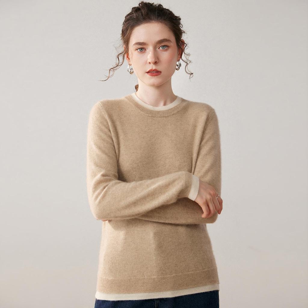 Women's Stylish Color-Block Cashmere Round-Neck Slimming Sweater - Versatile Two-Piece Look