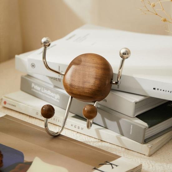 Rustikaler Saugnapfhaken 4 Haken Wandmontierter Organizer Kleiderbügel Holz-Kleiderbügel mit Edelstahlhaken für Eingangsbereich Schlafzimmer zu Hause