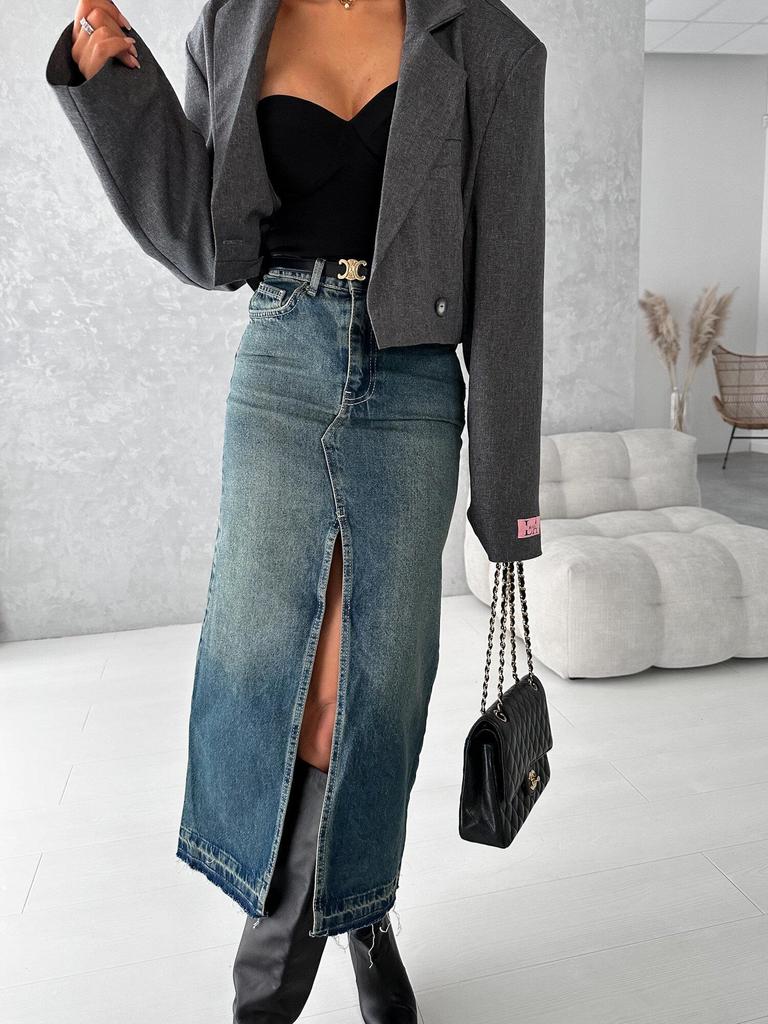 High Waist Washed Denim Slit Skirt - Slim Fit, Mid-length Retro Style for Women