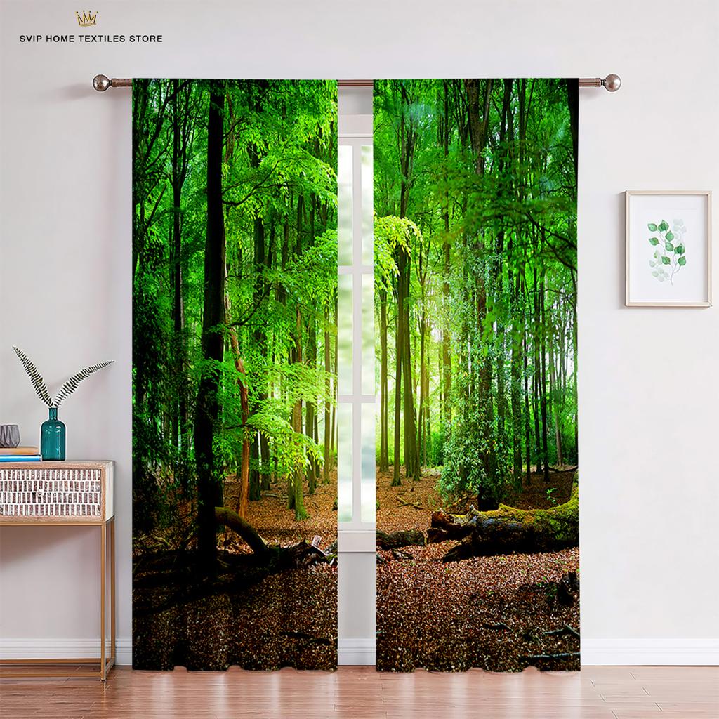 Woodland Forest Foliage Sunbeams Tulle Curtains, Sheer Voile Curtains, Window Decor, Living Room, Bedroom, Kitchen