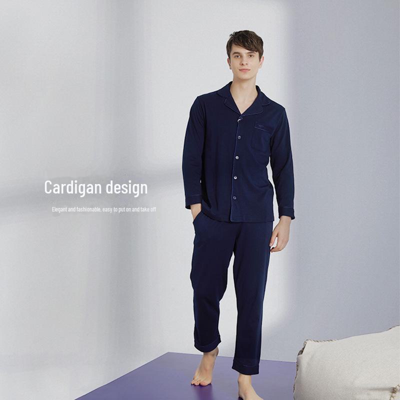 Pánské pyžamo Septwolves z čisté bavlny, jednobarevné, s dlouhým rukávem a rozepínáním vpředu