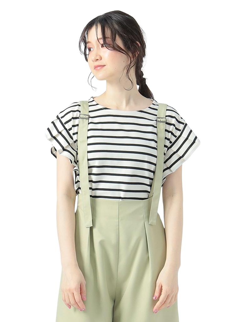 Beams Heart Tee with Tucked Sleeves and Striped Striped Off One Size S/S Pullover, Women's, White,