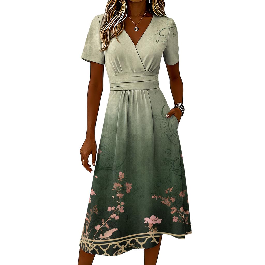 Ladies' Floral Casual Fashionable Short Sleeved V-neck Dress