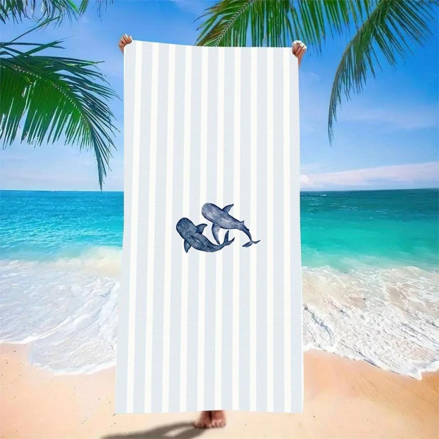 Beach Towel Oversized Sand Free Quick Dry Microfiber Whale Print Blue White Striped Towels for Adults Pool Swim Camping Travel