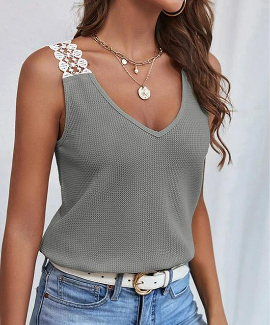 2025 Women's Solid Casual Lace Waffle Knit Patchwork Tank Top