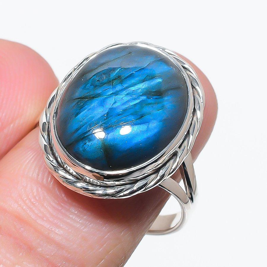 

Natural Labradorite Gemstone Handmade 925 Solid Silver Jewelry Ring Size 9 G6B00