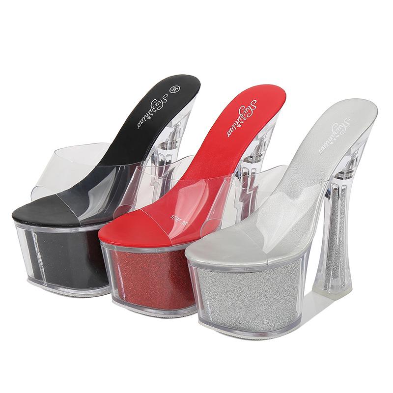 Nightclub Car Model Shoes Super High Heels Thick Heel Waterproof Table Sandals Transparent Crystal Shoes