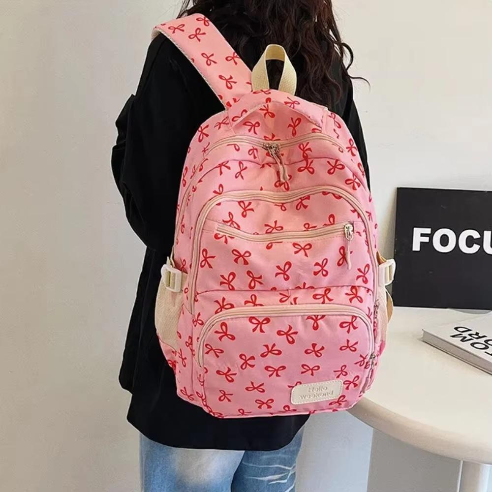 3 Pcs/Set Bow Print Nylon School Backpack, Cute Large Capacity Travel Schoolbag with Adjustable Straps