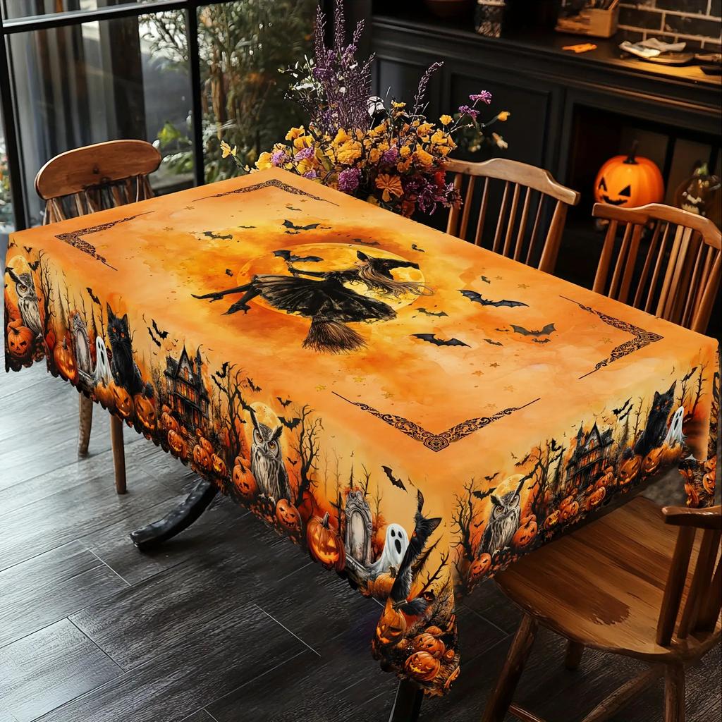 One Halloween-themed witch print black cat pattern round tablecloth, featuring owls, pumpkins, skulls and batszyc