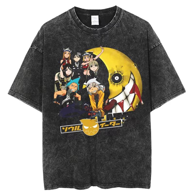 Japan Anime Soul Eater Printed T Shirt Men Washed Cotton Tshirts Casual Loose Manga Tee Harajuku Male Street Vintage T-shirt Top