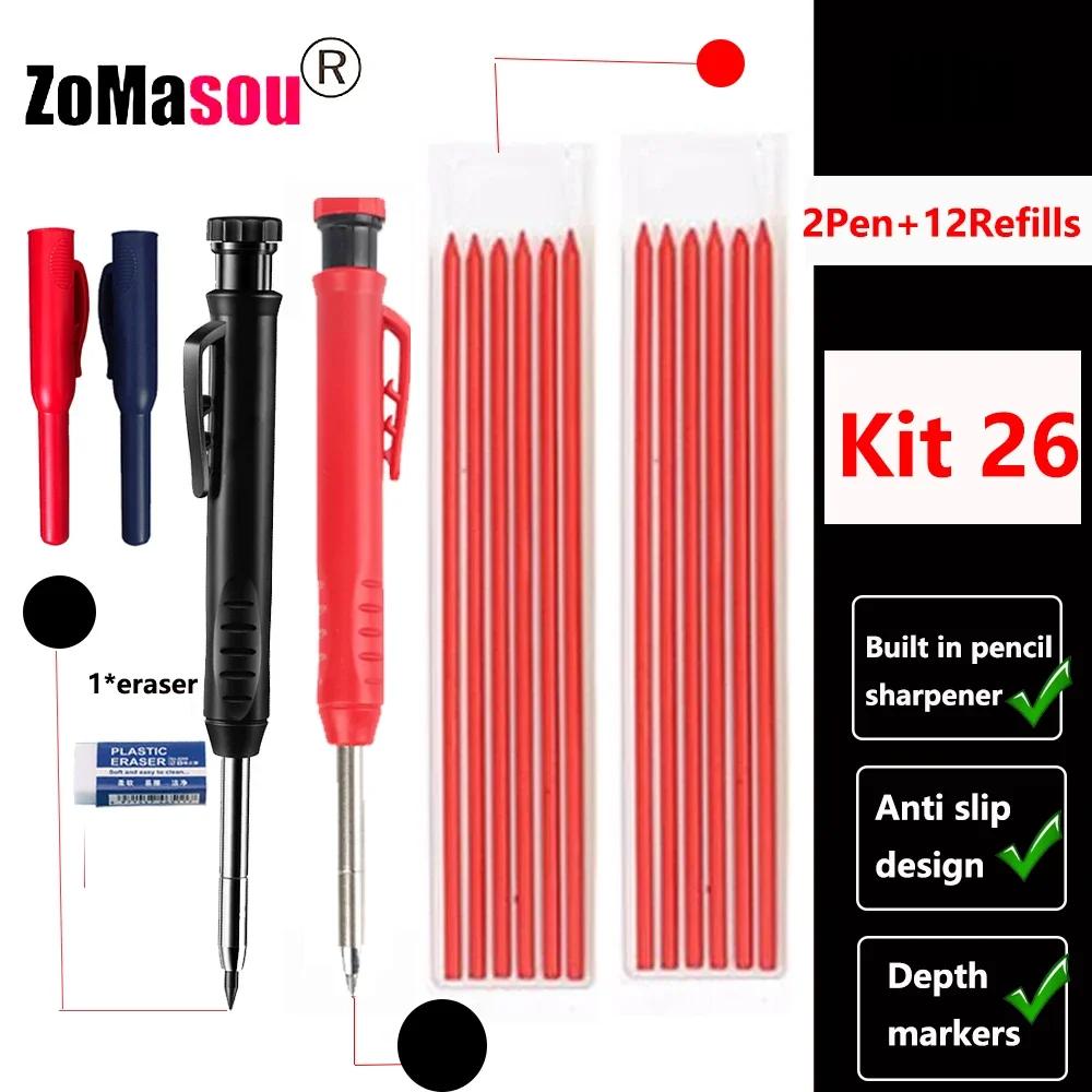 Reuseable Long Head Deep Hole Markers Pen Pencils Solid Carpenter Refill Leads Built-in Sharpener Woodwork Construction Tools