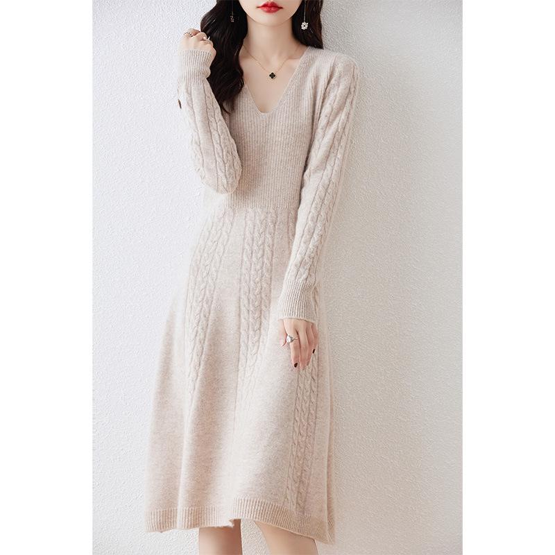 Women's Extra-Long V-Neck 100% Wool Knitted Dress with Thickened Waist-Cinching Skirt - Autumn/Winter Collection