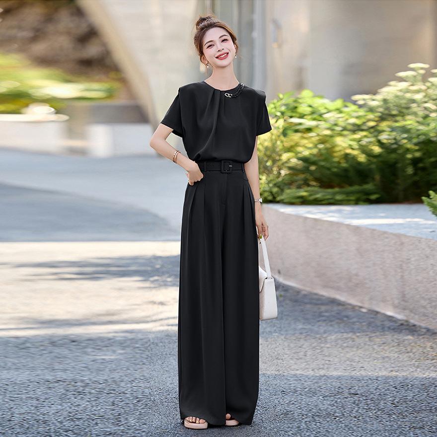 Royal Sister Fan Fashion Suit Women's  New Design Short-sleeved Shirt Drape Wide-leg Pants Two-piece Set Trendy