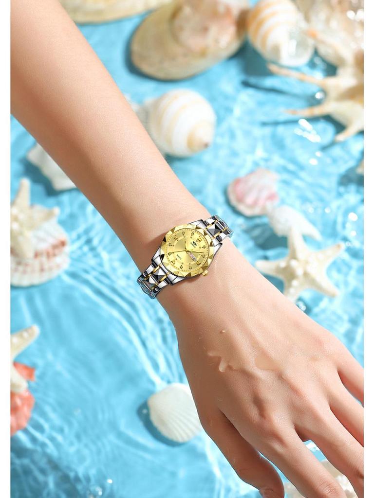 Women's Luminous Diamond Pattern Waterproof Quartz Watch with Double Calendar and Solid Band.