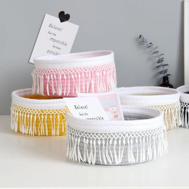 New Tassel Desk Storage Box Cotton Thread Weaving Thicken Storage Basket Cosmetic Case Kids Toys Org