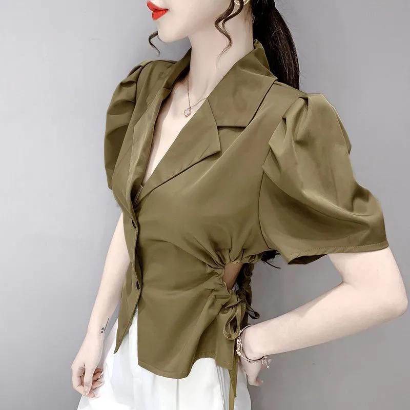 Spring and Summer New Style Drawstring Waist French Blazer Women's Short Top