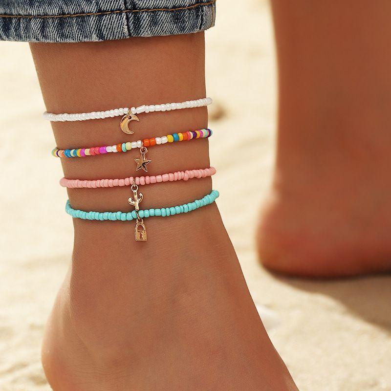 Bohemian Ankle Strap Set Star Moon Cactus Pendant Elastic Beaded Foot Chain