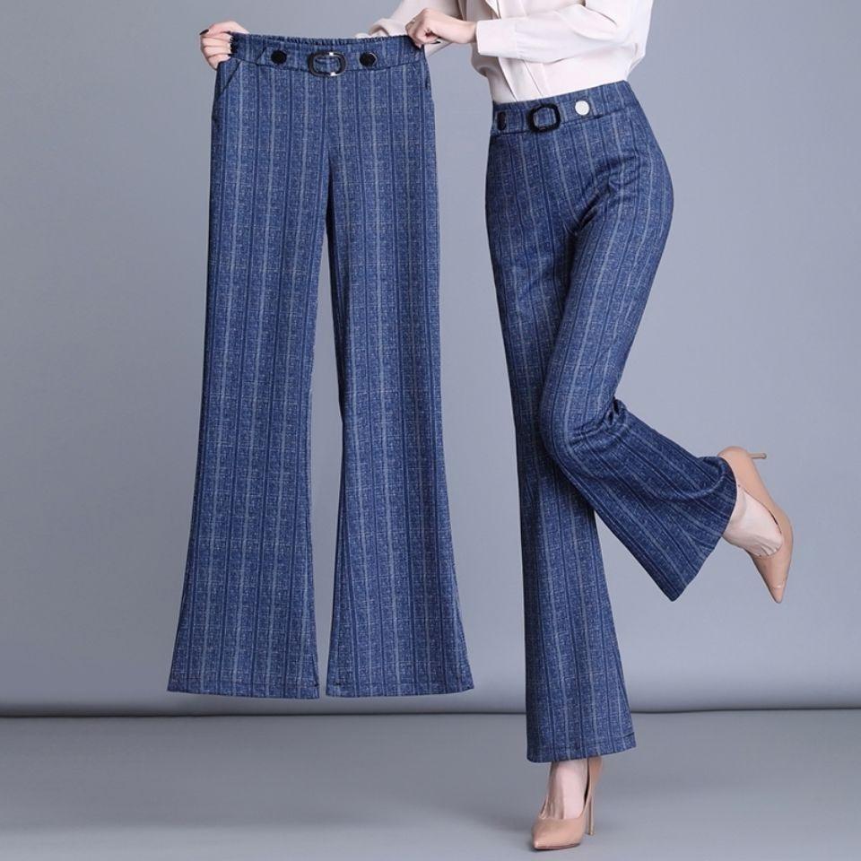Plaid Office Straight Pants Women Casual Baggy Pant High Waist Formal Wide Leg Trousers Big Size