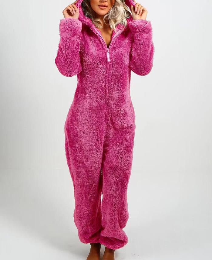 2024 Trendy EU & US Fall/Winter Fleece-Lined Thick Hooded Jumpsuit Pajamas for Women