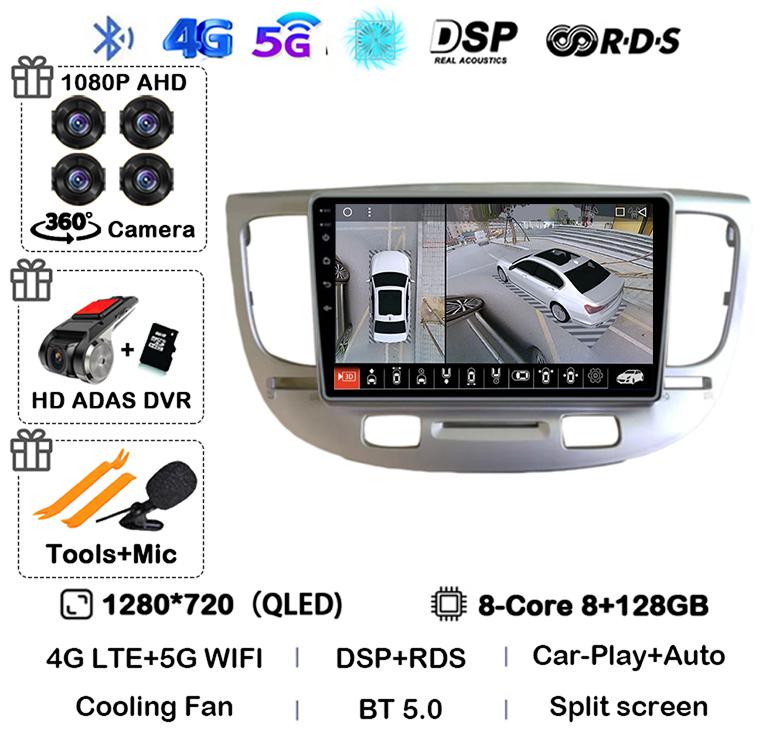 Android 14 Carplay Auto WIFI+4G For Kia RIO 2 RIO2 2005-2008 2009 2010 2011 Car Radio Multimedia Player GPS 360 Camera BT Stereo