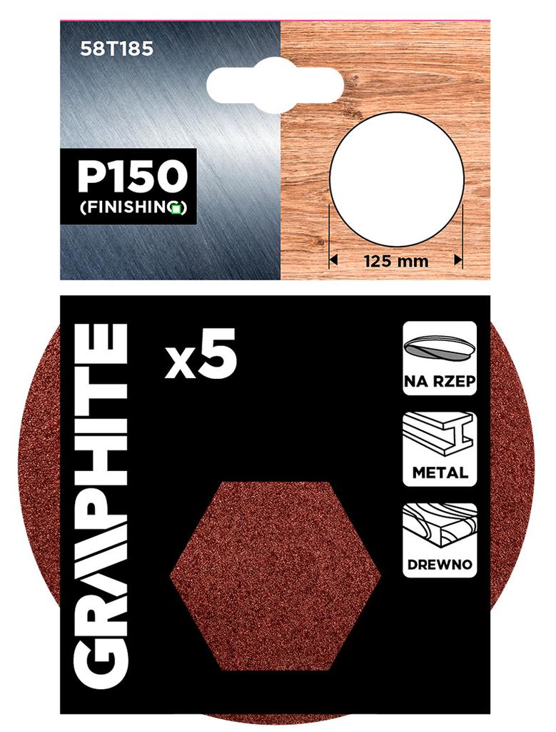 Krążki ścierne na rzep 125 mm, P150, 5 szt., bez otworów