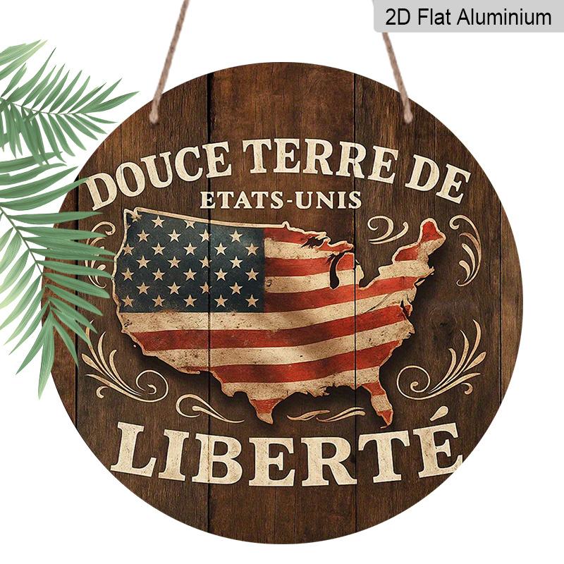 

2D Flat, 1pc 7.87In Round French Aluminum Sign, Vintage Decorative Plaque About Land of the Free , American Flag Decorative Sign, for Living Room 1pc