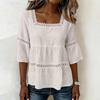 Women Lace Trim Waist Shirt Square Neck Tie Top Casual 3/4 Sleeve Blouse Lightweight Breathable Fabric Relaxed Fit