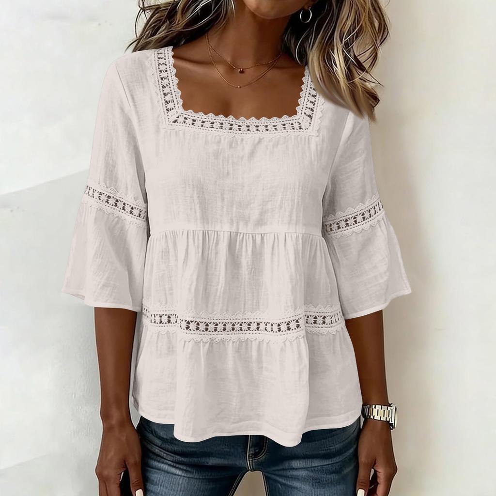 Women Lace Trim Waist Shirt Square Neck Tie Top Casual 3/4 Sleeve Blouse Lightweight Breathable Fabric Relaxed Fit