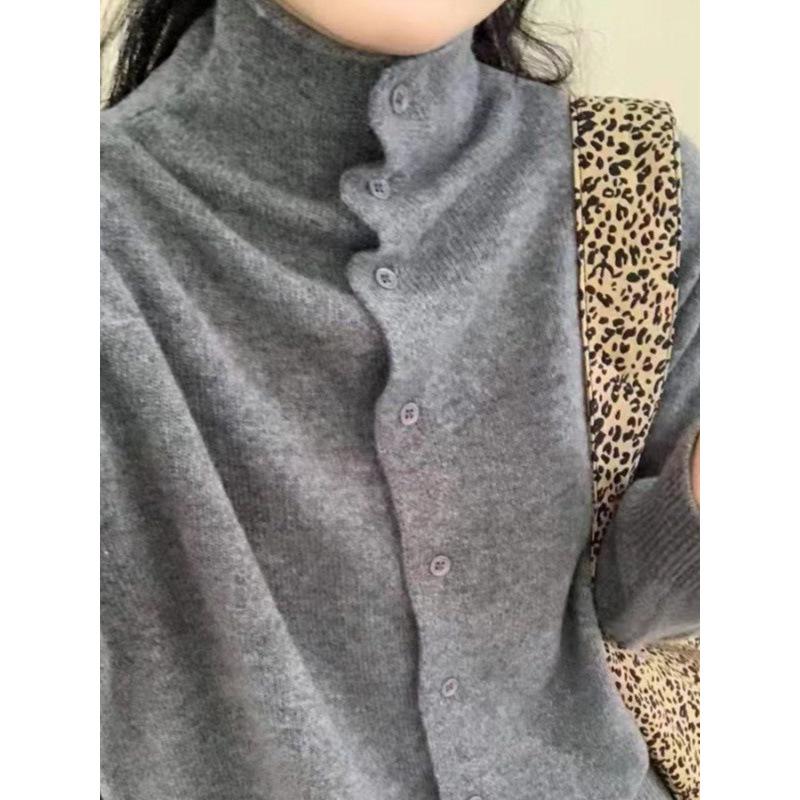 Women's High Neck Cashmere Cardigan - Autumn/Winter Korean Style, Solid Color, Warm & Versatile Wool Sweater