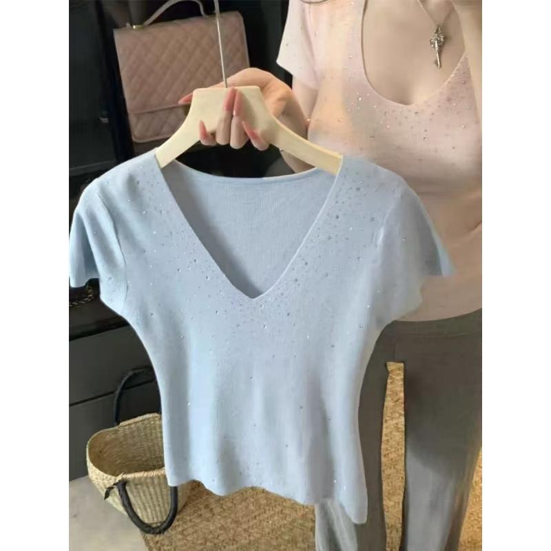Sommer Neues Schlankes Leichtes Strickoberteil mit Vielseitigem Strass-V-Ausschnitt Kurzärmelige Bluse für Damen