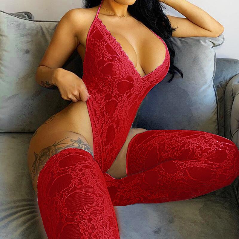 Sexy Lace Babydoll Lingerie Set Backless Deep V Neck Erotic Underwear Women Sleepwear Nightgown